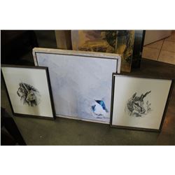 RUSTIC FRAMED 'BLUEBIRD' PAINTING AND TWO ANIMAL ETCHINGS