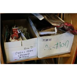 BOX OF CHINA AND PICTURES AND BOX OF NEW LINENS