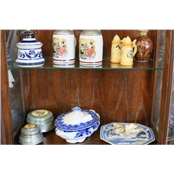 FLOW BLUE VEGETABLE DISH, CHINA, STEINS + MUSIC BOXH, CHINA + MUSIC BOX