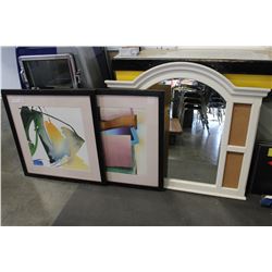 WHITE FRAMED MIRROR WITH CORKBOARD INSERTS AND TWO PICTURES