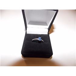 RING - OVAL FACETED BLUE SAPPHIRE & 2 DIAMONDS IN STERLING SILVER SOLITAIRE DESIGNED SETTING - RETAI