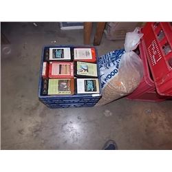 CRATE OF VINTAGE 8-TRACK TAPES + BAG OF PELLETS