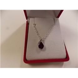 NECKLACE - 1.15CT BEZEL SET PEAR FACETED GARNET & ROUND FACETED DIAMOND IN STERLING SILVER SETTING -