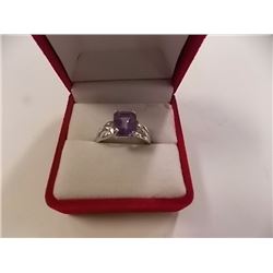 RING -EMERALD FACETED PURPLE AMETHYST & 2 DIAMONDS IN STERLING SILVER SETTING - ESTIMATED RETAIL $45