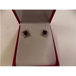 EARRINGS - NEW PRINCESS FACETED GARNET & 2 ROUND FACETED DIAMONDS IN STERLING SILVER SETTING - RETAI