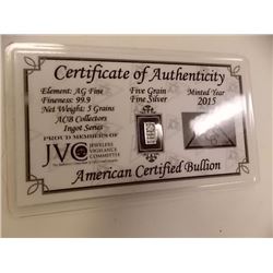 SILVER INGOT - .999 FINE SILVER - 5 GRAIN - WITH CERTIFICATE OF AUTHENTICITY - MINT SEALED