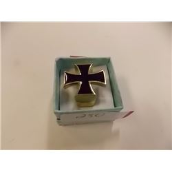 RING - MAN'S SOLID BRONZE & ENAMEL IRON CROSS RING - SIGNED BY ARTIST