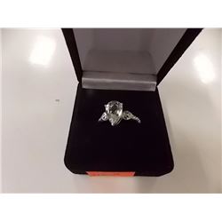 RING - PEAR FACETED GREEN AMETHYST & 2 DIAMONDS IN STERLING SILVER SETTING - TEXTURED BAND - RETAIL 