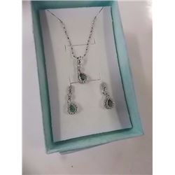 EARRINGS & NECKLACE SET - .75 PEAR FACETED EMERALD & DIAMONDS IN STERLING SILVER SETTING - INCLUDES 