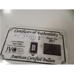SILVER INGOT - .999 FINE SILVER - 5 GRAIN - WITH CERTIFICATE OF AUTHENTICITY - MINT SEALED