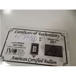 SILVER INGOT - .999 FINE SILVER - 5 GRAIN - WITH CERTIFICATE OF AUTHENTICITY - MINT SEALED