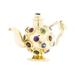 18KT Yellow Gold Multi-colored Gemstone Teapot Charm