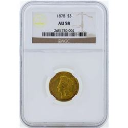 1878 $3 Indian Princess Head Gold Coin NGC AU58