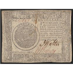 1778 $7 Spanish Milled Dollars Continental Currency Note