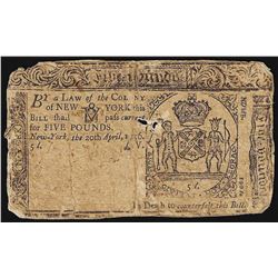 April 20, 1756 New York 5 Pounds Colonial Currency Note