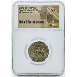 58 BC Indo Scythians Azes I/II AR Tetradrachm Coin NGC XF