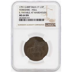 1791 Great Britain 1/2 Penny Yorkshire Hull Coin NGC MS64BN