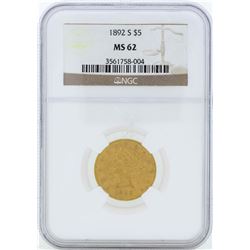 1892-S $5 Liberty Head Half Eagle Gold Coin NGC MS62