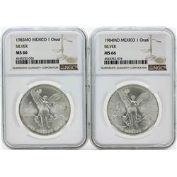 Set of 1983MO-1984MO Mexico 1 Onza Silver Libertad Coins NGC MS66