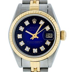 Ladies Rolex Two Tone Yellow Gold Blue Vignette VS Diamond Datejust Wristwatch
