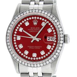 Mens Rolex Stainless Steel Red String Diamond Datejust Wristwatch