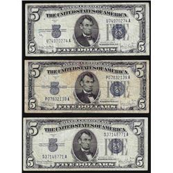 Lot of (3) 1934 $5 Silver Certificate Notes