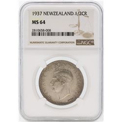 1937 Newzealand 1/2 Crown Silver Coin NGC MS64