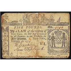 February 16, 1771 New York 5 Pounds Colonial Currency Note