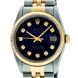 Mens Rolex 36mm Two Tone Yellow Gold Blue Vignette Diamond DateJust Wristwatch