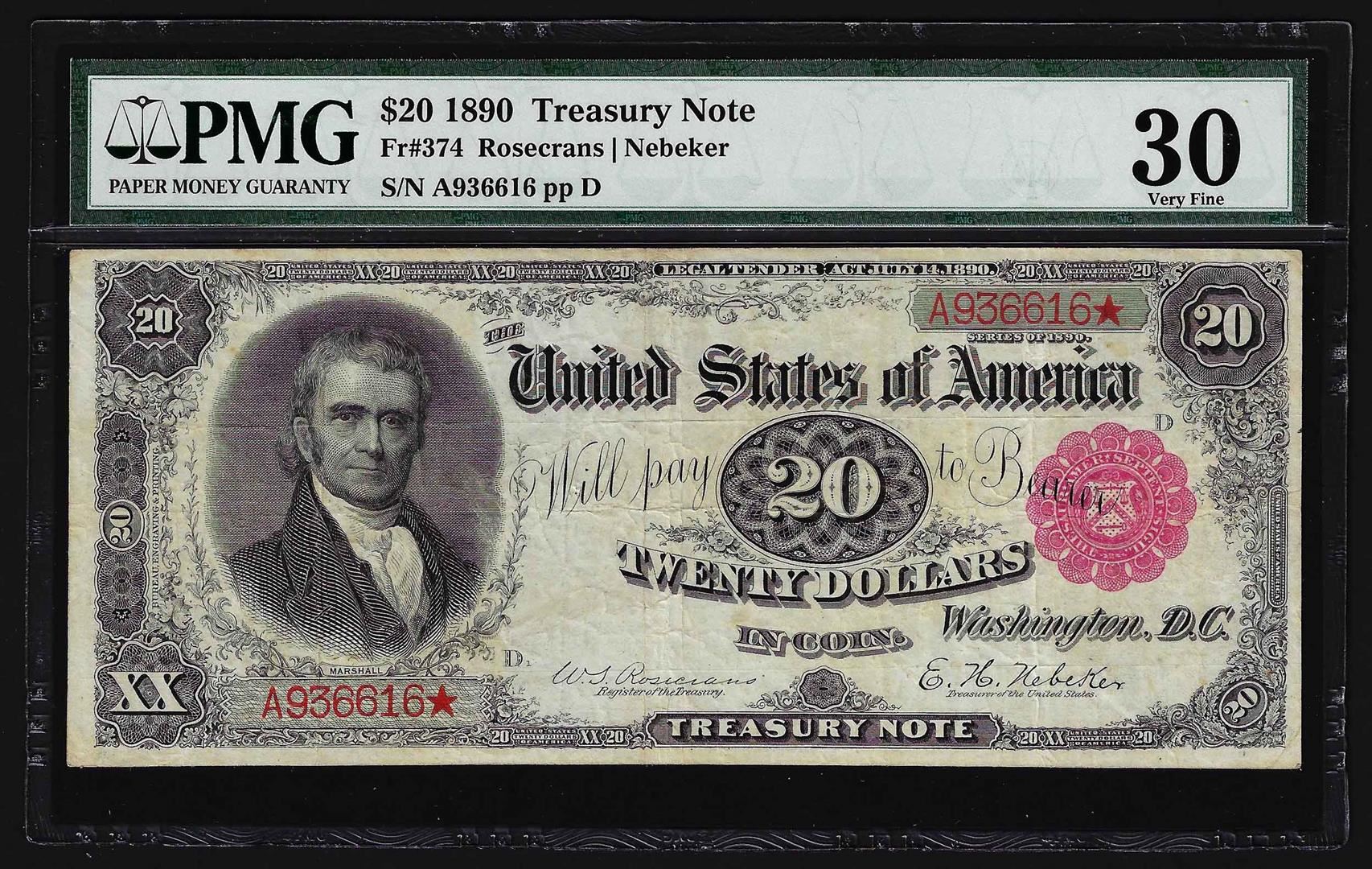 1890 $20 Treasury Note PMG Very Fine 30