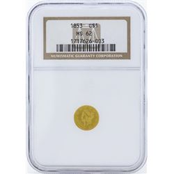 1853 $1 Liberty Head Gold Dollar Coin NGC MS62
