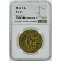 1851 $20 Liberty Head Double Eagle Gold Coin NGC AU53
