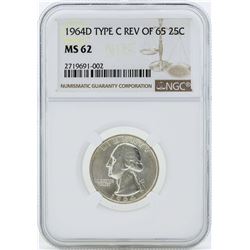 1964-D Washington Quarter Type C Reverse of 65 Silver Coin NGC MS62