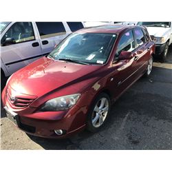 2006 MAZDA 3, 4 DOOR HATCHBACK, RED, 2.3L, GAS, MANUAL, VIN#JM1BK143861504568, 188,077,
