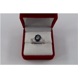 CERTIFIED MYSTIC TOPAZ & DIAMOND DINNER RING, 2.6CT OVAL CUT BLUE TOPAZ, 2 DIAMONDS, INCLUDES