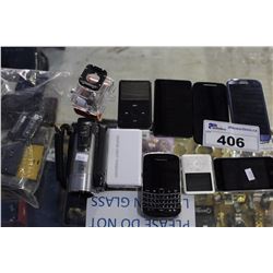 LARGE LOT OF ELECTRONICS INCLUDING BLACKBERRY, 2 CELLPHONES, 3 IPODS, CANON DIGITAL CAMERA, GARMON