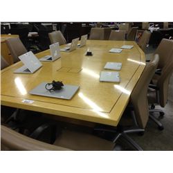 BIRD'S EYE MAPLE INLAID 12.5' X 6.5' BOAT SHAPE BOARDROOM TABLE WITH BUILT IN ELECTRICAL AND SIGNAL