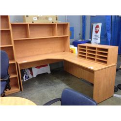 MAPLE 6.5' X 6' CORNER COMPUTER STATION WITH HUTCH AND 12 COMPARTMENT CUBBY STORAGE UNIT