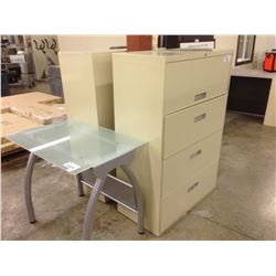 GLASS 36'' COMPUTER TABLE, TWO BEIGE 4 DRAWER LATERAL FILE CABINETS, AND 4' CORK BOARD