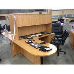 HONEY MAPLE 6' X 6' BULLET TOP L-SHAPE EXECUTIVE DESK WITH HUTCH