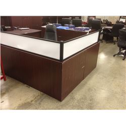MAHOGANY 6' X 6' RECEPTION DESK, COSMETIC DAMAGE, PLEASE VIEW TO ASSESS CONDITION