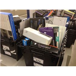 BIN OF ASSORTED ELECTRONICS, ACCESSORIES, COVERS, WIRING AND MORE, BIN NOT INCLUDED