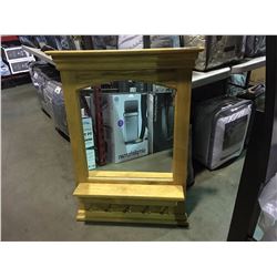 OAK FRAMED WALL MIRROR/COAT RACK WITH SHELF