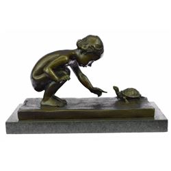 Girl Playing With Turtle Bronze Sculpture on Marble Base Figurine