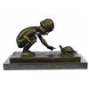 Image 1 : Girl Playing With Turtle Bronze Sculpture on Marble Base Figurine