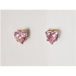 14KT Yellow Gold Pink Cubic Zirconia Heart Shaped Earrings Retail $100