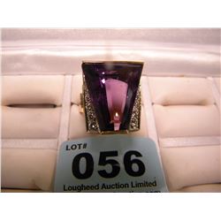 LARGE 14K STAMPED GOLD AMYTHEST & DIAMOND RING