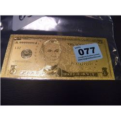 24K AMERICAN DOLLAR COLLECTIBLE $5.00 GOLD FOIL BILL