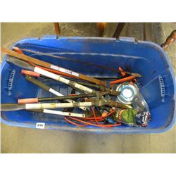 LARGE BLUE TUB OF PRUNERS AND MISC