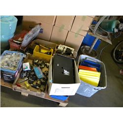 PALLET OF MISC HARDWARE AND TOOLS/SPRAYER/WORKTABLE/4 WHEEL DOLLY/2 WHEEL DOLLY